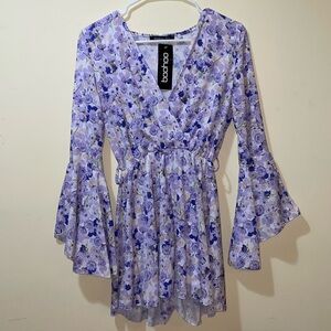 Womens New Boohoo Floral Flare Sleeve Flipping Playsuit Lilac